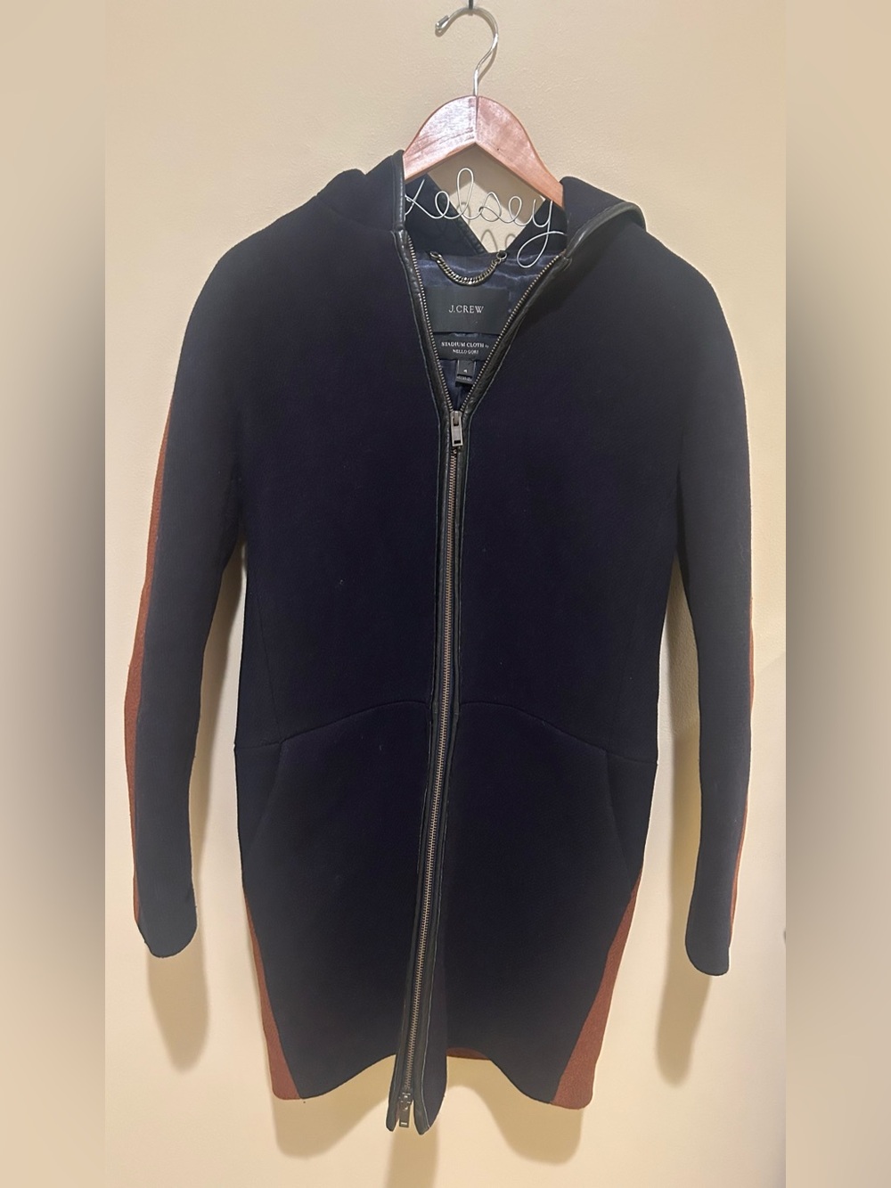 J.Crew Stadium Cloth Colorblock Rust & Navy Wool Zip Coat Size 4 Nello Gori